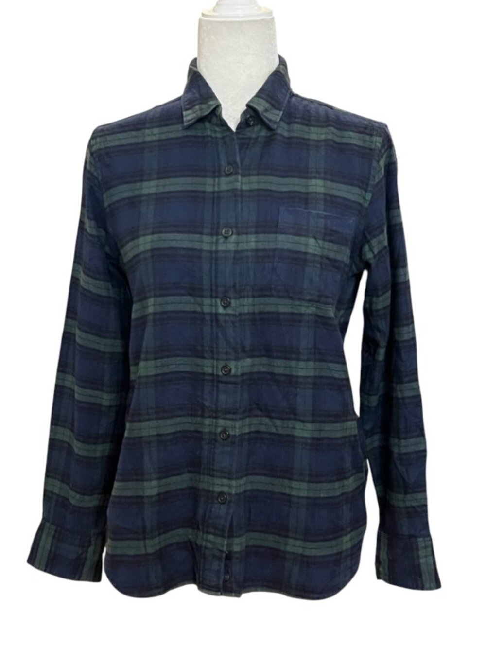 MUJI Flannel Shirt Womens M Blue Green Plaid Button Up Soft Cotton Minimalist
